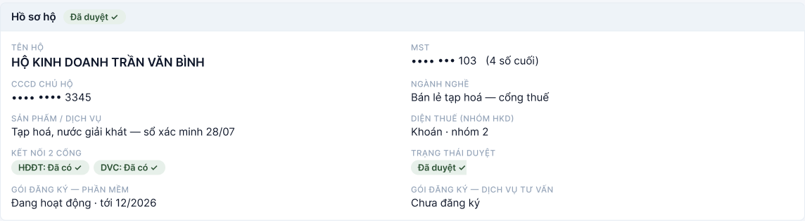 Hồ sơ hộ kinh doanh: mã số thuế, ngành nghề, cách tính thuế, trạng thái hai cổng và gói dịch vụ